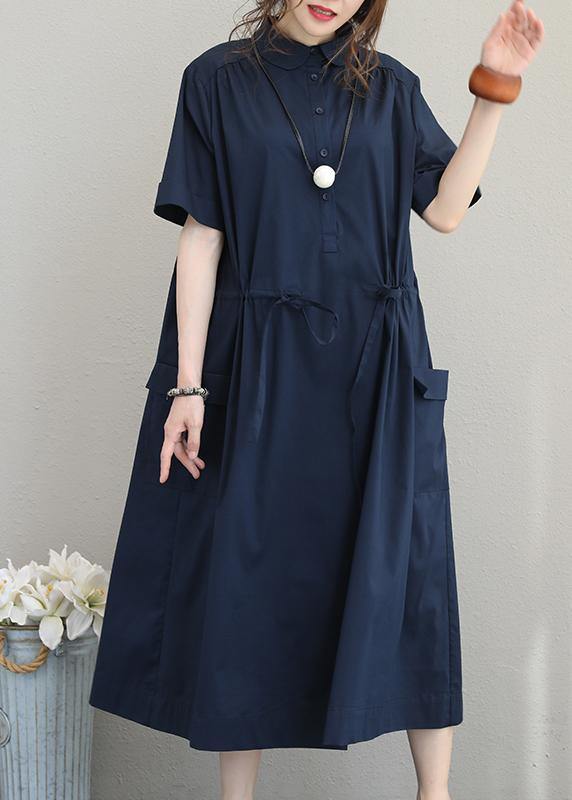 Natural Lapel Drawstring Cotton Clothes Linen Khaki Maxi Dress