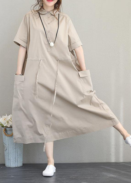 Natural Lapel Drawstring Cotton Clothes Linen Khaki Maxi Dress