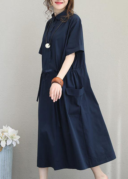Natural Lapel Drawstring Cotton Clothes Linen Khaki Maxi Dress