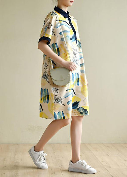 Natural Lapel Short Sleeve Tunics Design Yellow Print Dresses