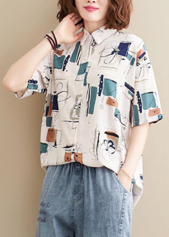 Natural Lapel Summer Tops Work Outfits White Print Blouses