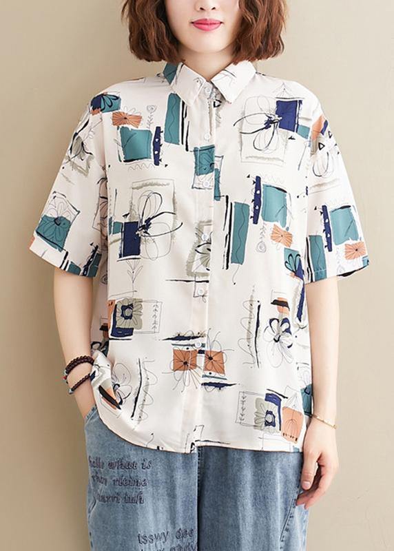 Natural Lapel Summer Tops Work Outfits White Print Blouses