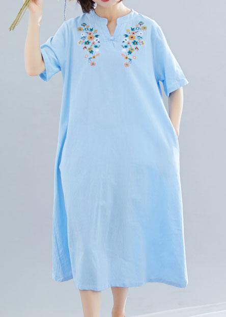 Natural Light Blue Linen Cotton Clothes Embroidery Clothing Summer Dresses