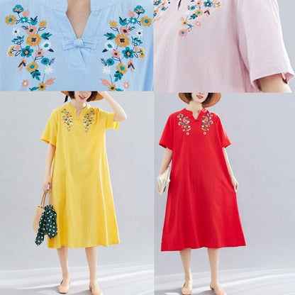 Natural Light Blue Linen Cotton Clothes Embroidery Clothing Summer Dresses