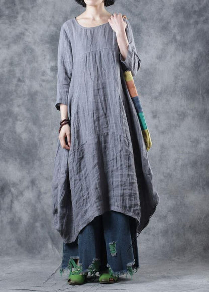 Natural Linen Clothes for Work Gray Dress O Neck