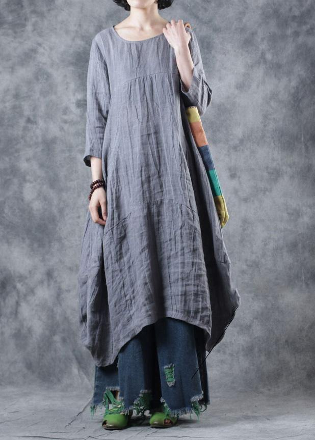 Natural Linen Clothes for Work Gray Dress O Neck