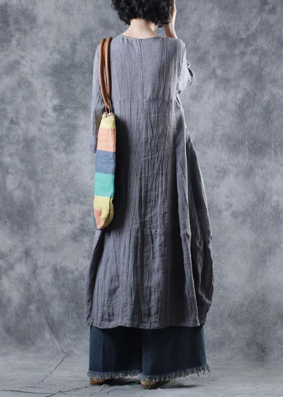 Natural Linen Clothes for Work Gray Dress O Neck