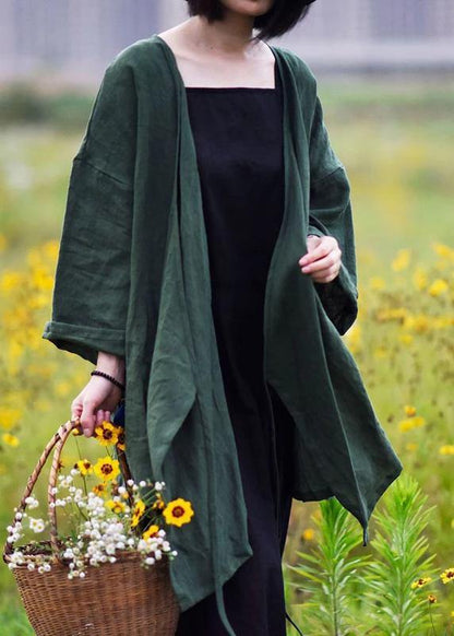 White Flowers Natural Linen Top Silhouette Pure Color Lacing Long Sleeve Coat