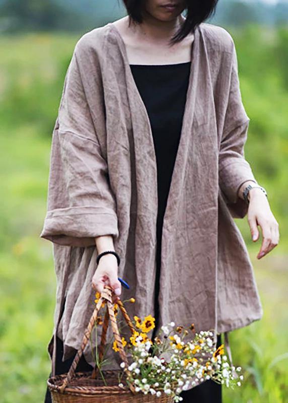 Green Flowers Natural Linen Top Silhouette Pure Color Lacing Long Sleeve Coat