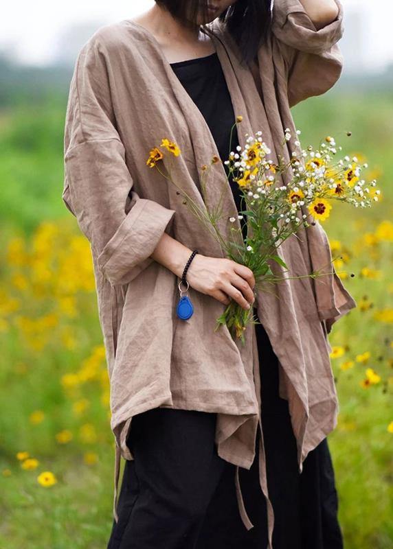 Green Flowers Natural Linen Top Silhouette Pure Color Lacing Long Sleeve Coat