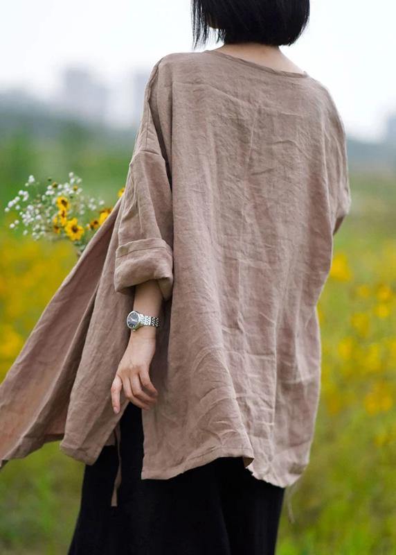 Red Wave Point Natural Linen Top Silhouette Pure Color Lacing Long Sleeve Coat