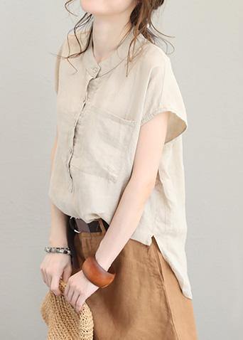 Natural Low High Design Linen Tunic Top Shirts Khaki O Neck Top Summer