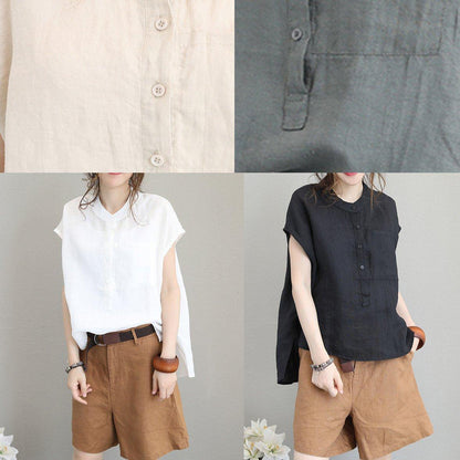 Natural Low High Design Linen Tunic Top Shirts Khaki O Neck Top Summer