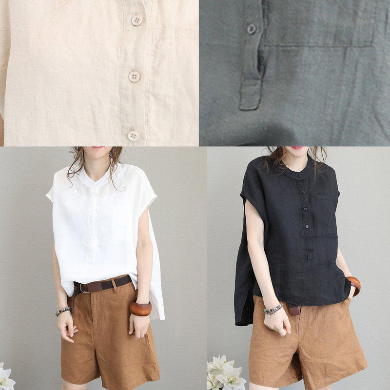 Natural Low High Design Linen Tunic Top Shirts Khaki O Neck Top Summer