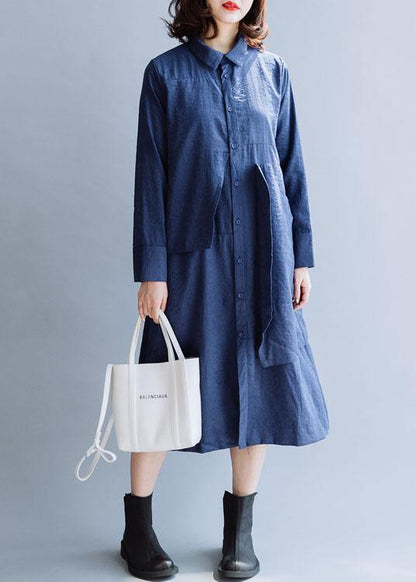 Natural Navy Tunics Lapel Patchwork Art Fall Dresses
