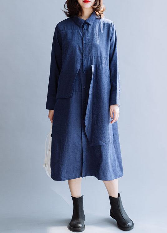 Natural Navy Tunics Lapel Patchwork Art Fall Dresses