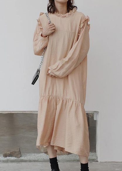 Natural Nude Cotton Clothes Ruffles Art Stand Collar Dress