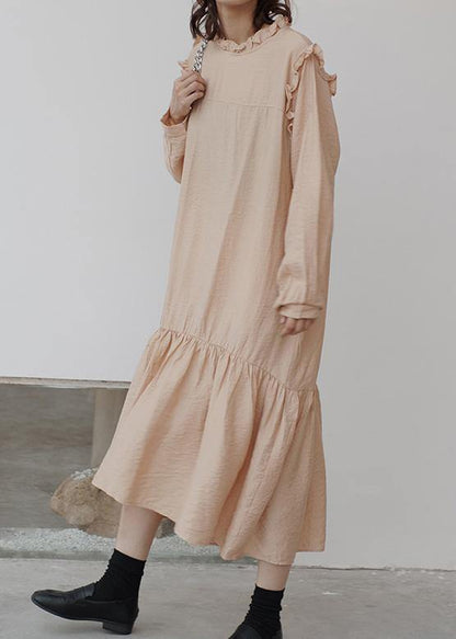 Natural Nude Cotton Clothes Ruffles Art Stand Collar Dress