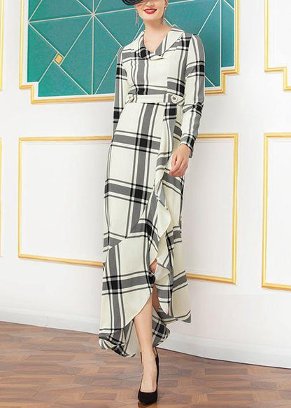 Natural Nude Plaid Cotton Quilting Clothes Asymmetric Hem Dresses Winter Dress