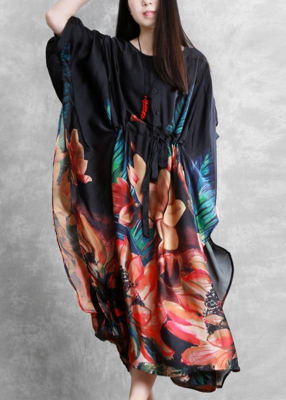 Natural O Neck Batwing Sleeve Summer Dresses Black Print Dresses