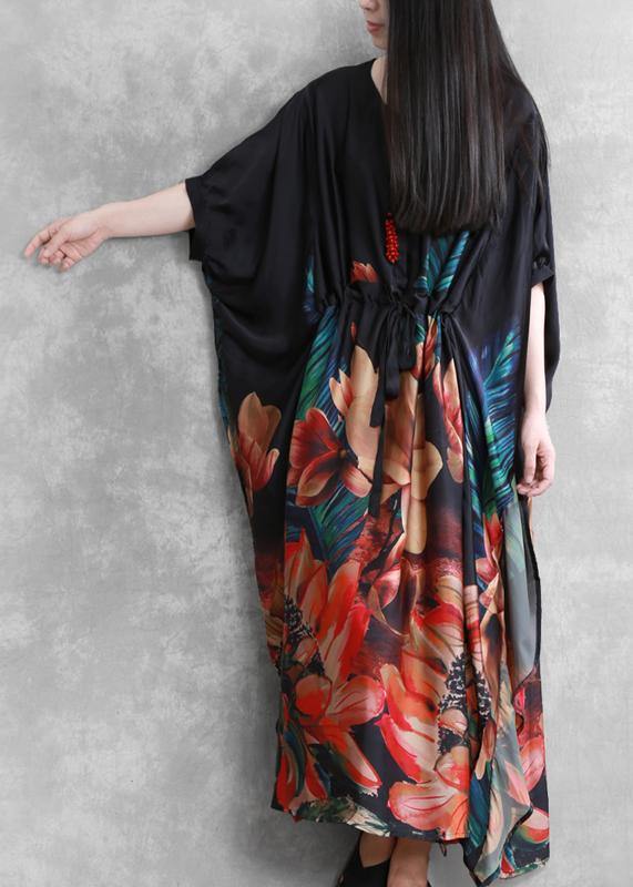 Natural O Neck Batwing Sleeve Summer Dresses Black Print Dresses