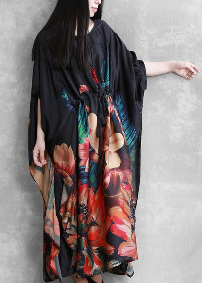 Natural O Neck Batwing Sleeve Summer Dresses Black Print Dresses