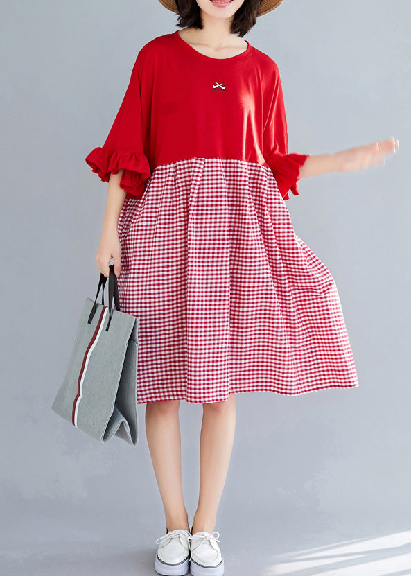 Natural O Neck Butterfly Sleeve Cotton Clothes Omychic Outfits Red Plaid Short Dresses Summer