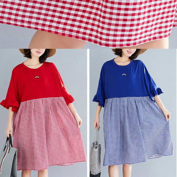 Natural O Neck Butterfly Sleeve Cotton Clothes Omychic Outfits Red Plaid Short Dresses Summer