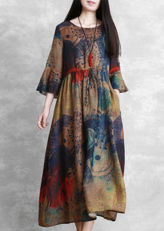 Natural O Neck Butterfly Sleeve Clothes for Sewing Chocolate Print Dresses