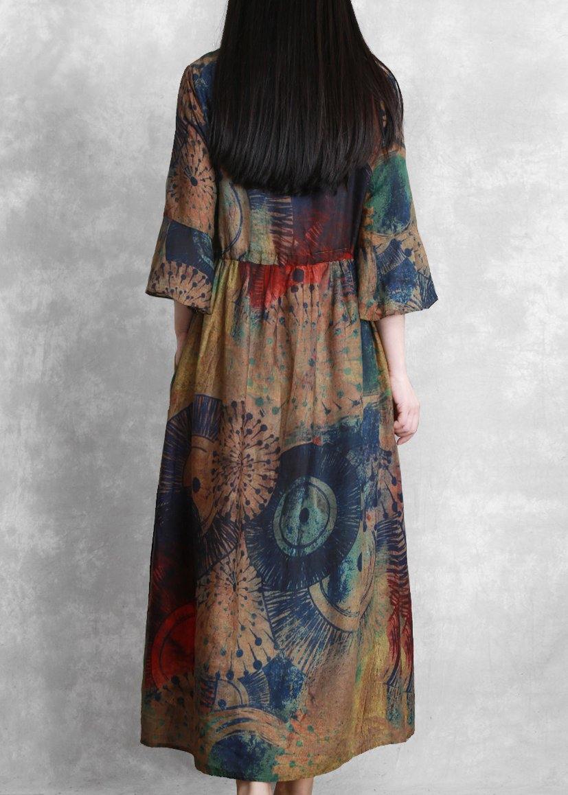 Natural O Neck Butterfly Sleeve Clothes for Sewing Chocolate Print Dresses