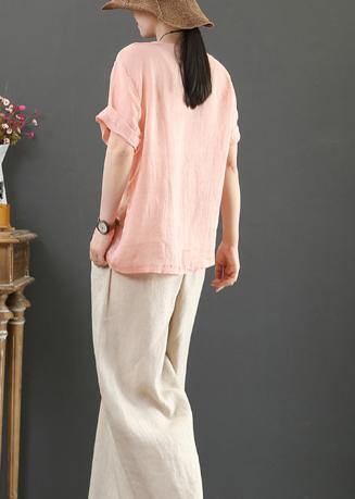 Natural O Neck Button Down Linen Tunic Pattern Inspiration Pink Tops