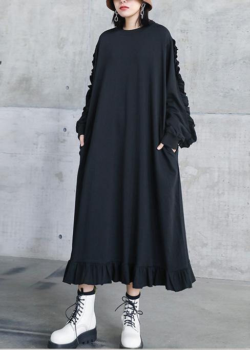 Natural O Neck Ruffles Quilting Dresses Work Black Maxi Dresses