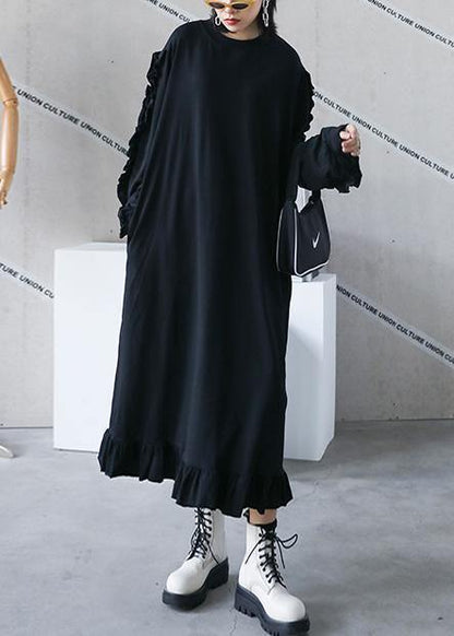 Natural O Neck Ruffles Quilting Dresses Work Black Maxi Dresses