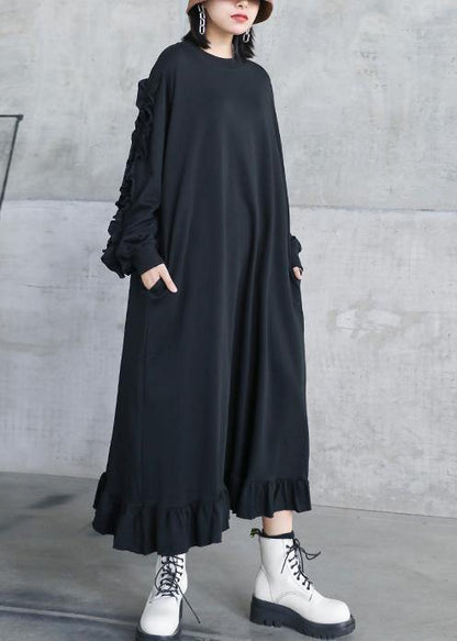Natural O Neck Ruffles Quilting Dresses Work Black Maxi Dresses