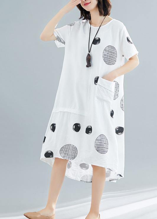 Natural O Neck Asymmetric Cotton Clothes Work White Dotted Traveling Dresses Summer