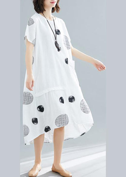 Natural O Neck Asymmetric Cotton Clothes Work White Dotted Traveling Dresses Summer
