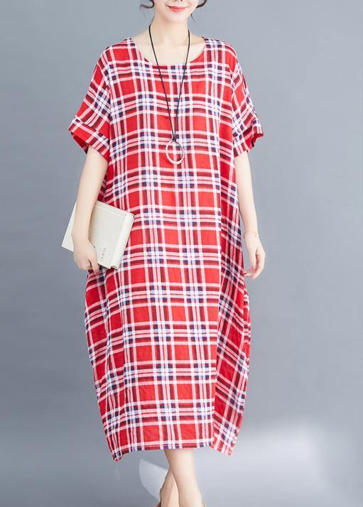 Natural O Neck Cotton Clothes for Fabrics Red Plaid Maxi Dress Summer