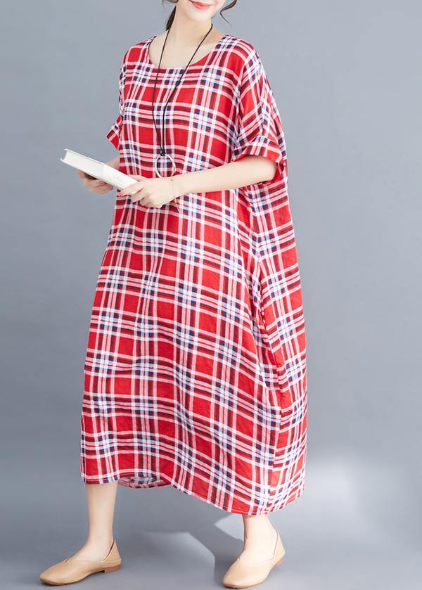 Natural O Neck Cotton Clothes for Fabrics Red Plaid Maxi Dress Summer