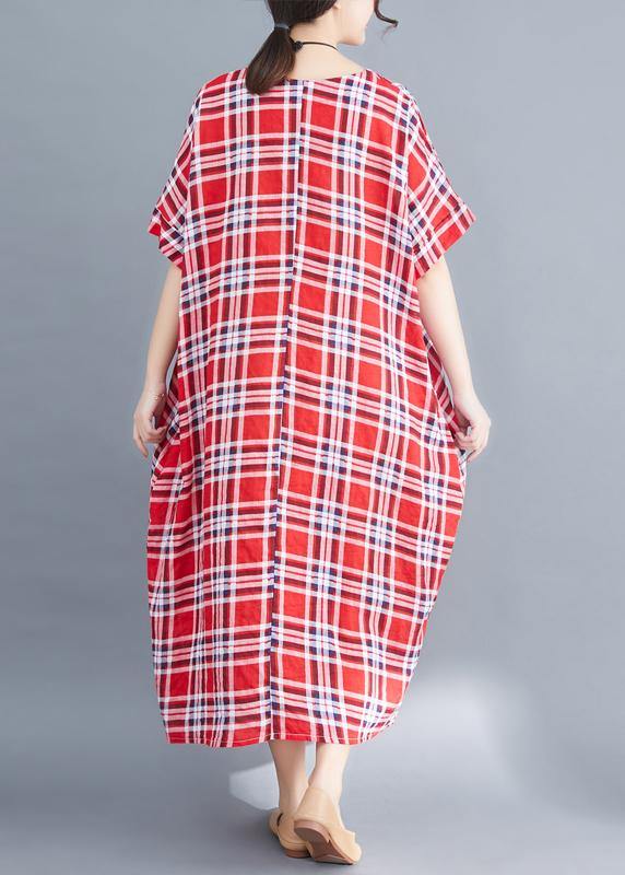 Natural O Neck Cotton Clothes for Fabrics Red Plaid Maxi Dress Summer