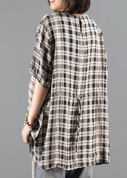 Natural O Neck Drawstring Summer Tunics for Shape Black Plaid Top