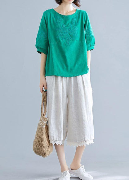 Natural O Neck Embroidery Cotton Clothes Outfits Green Blouses Summer