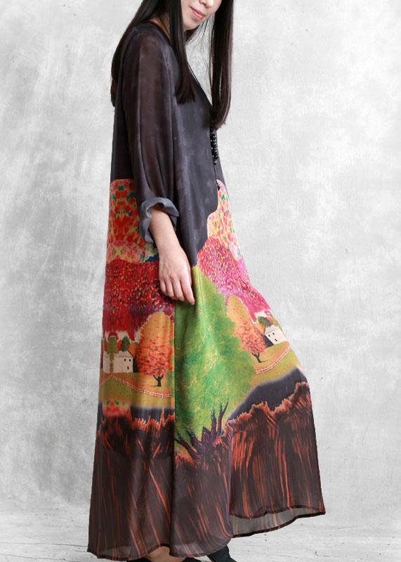 Natural O Neck Fall Tunics Catwalk Black Print Robe Dresses