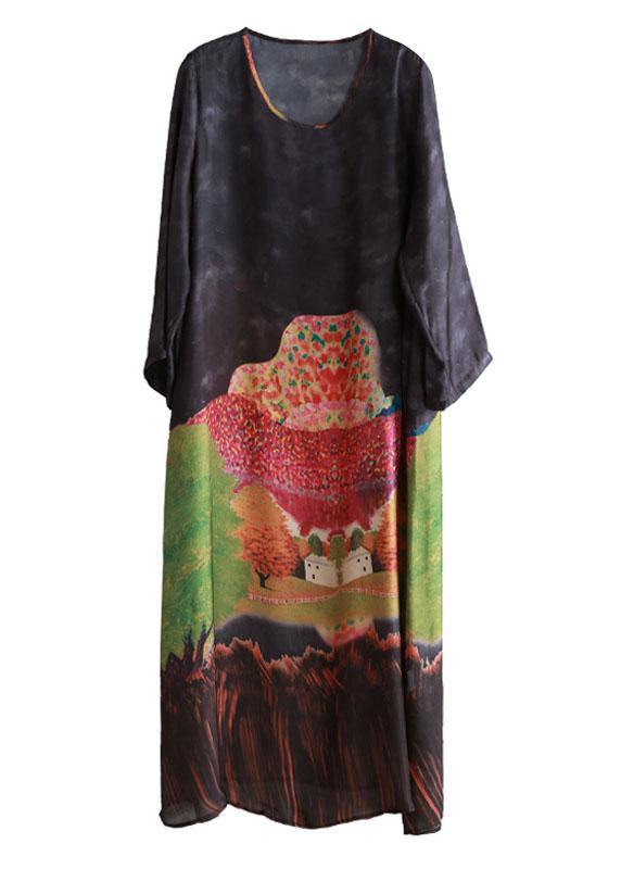 Natural O Neck Fall Tunics Catwalk Black Print Robe Dresses
