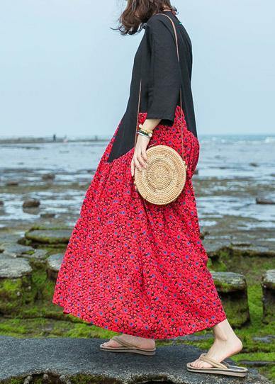 Natural O Neck Large Hem Cotton Linen Dresses Black Patchwork Red Print Dresses Summer
