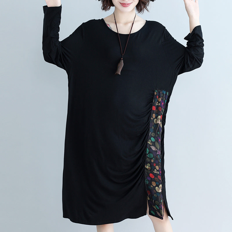 Natural O Neck Patchwork Cotton Blended Tunics Work Black Knee Dress