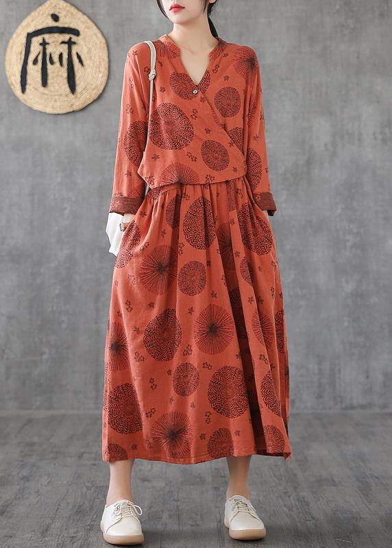 Natural O Neck Patchwork Cotton Tunics Orange Embroidery Long Dress