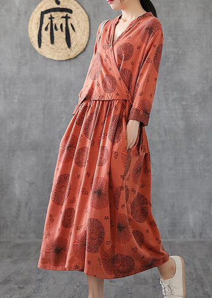 Natural O Neck Patchwork Cotton Tunics Orange Embroidery Long Dress