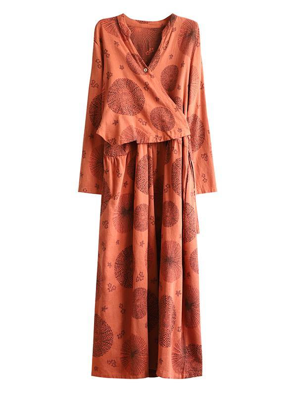 Natural O Neck Patchwork Cotton Tunics Orange Embroidery Long Dress