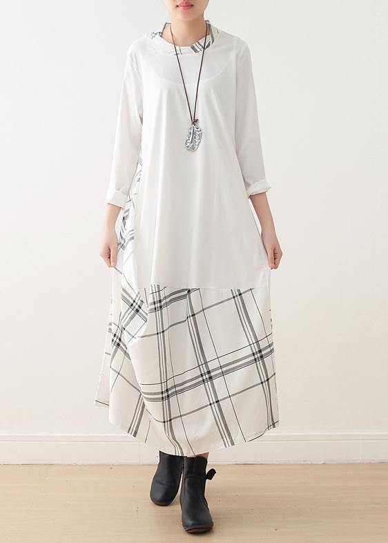 Natural O Neck Patchwork Cotton Outfit Pattern White Long Dress