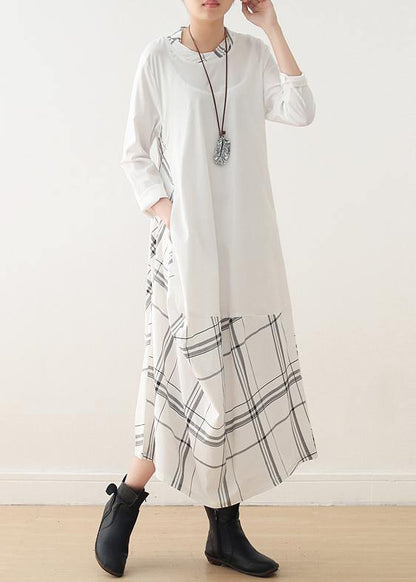 Natural O Neck Patchwork Cotton Outfit Pattern White Long Dress